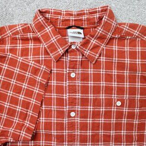 The North Face Shirt Mens Large Orange Plaid Loghill Cotton/Hemp Short Sleeve